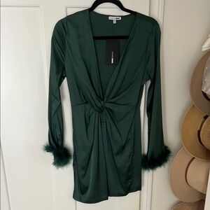 Fashion Nova Green Satin Dress with Feather Cuffs NWT
